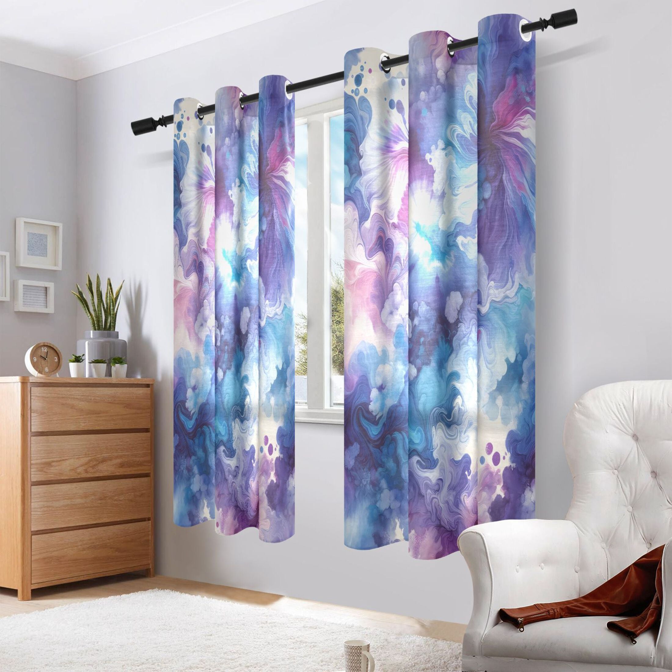 Blue and Purple Marble Faux Linen Curtains Semi Sheer 2 Panels Voile Sheer Drapes for Office Living Room 63x42in