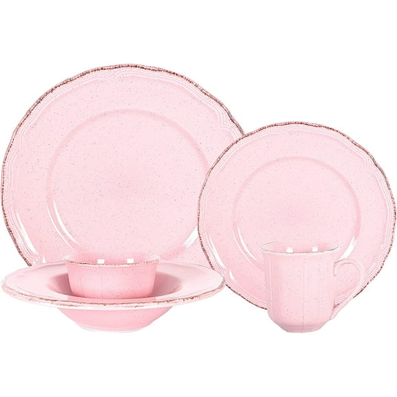 Stoneware French Countryside 20pc Dinnerware Set, Speckled and Antique Pink