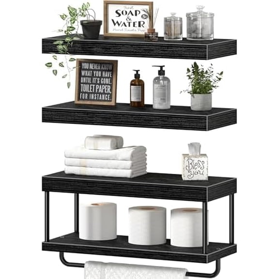 Bathroom Floating Shelves Over Toilet - Wall Mounted Shelf Toilet Paper Storage Farmhouse 16 inch Set of 3, Black