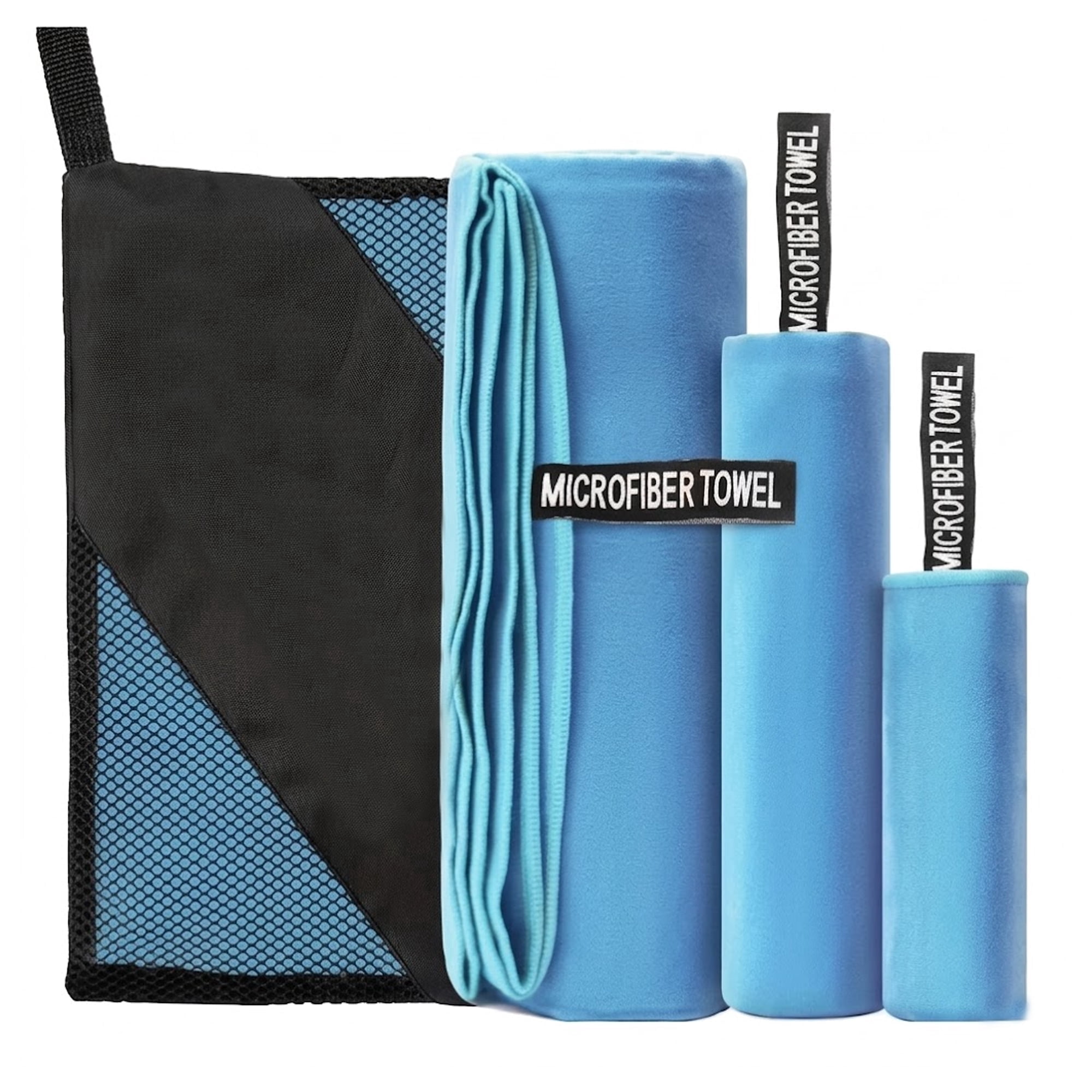3 Size Pack of Microfiber Gym Towels for Men and Women Active Sports Travel Towels w/Bag - Fast Drying Towel Set for Camping, Beach, Gym, Backpacking, Sports, Yoga & Swim Use(Blue)
