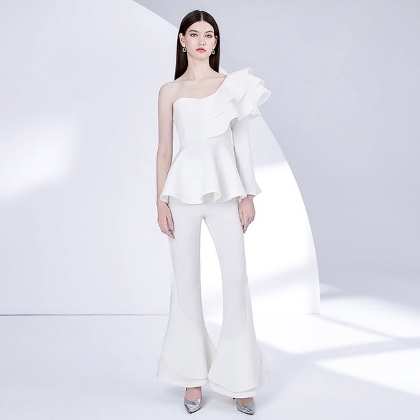 Traje de pantalón acampanado de manga larga con volantes y múltiples capas con un hombro al descubierto para mujer de principios de otoño