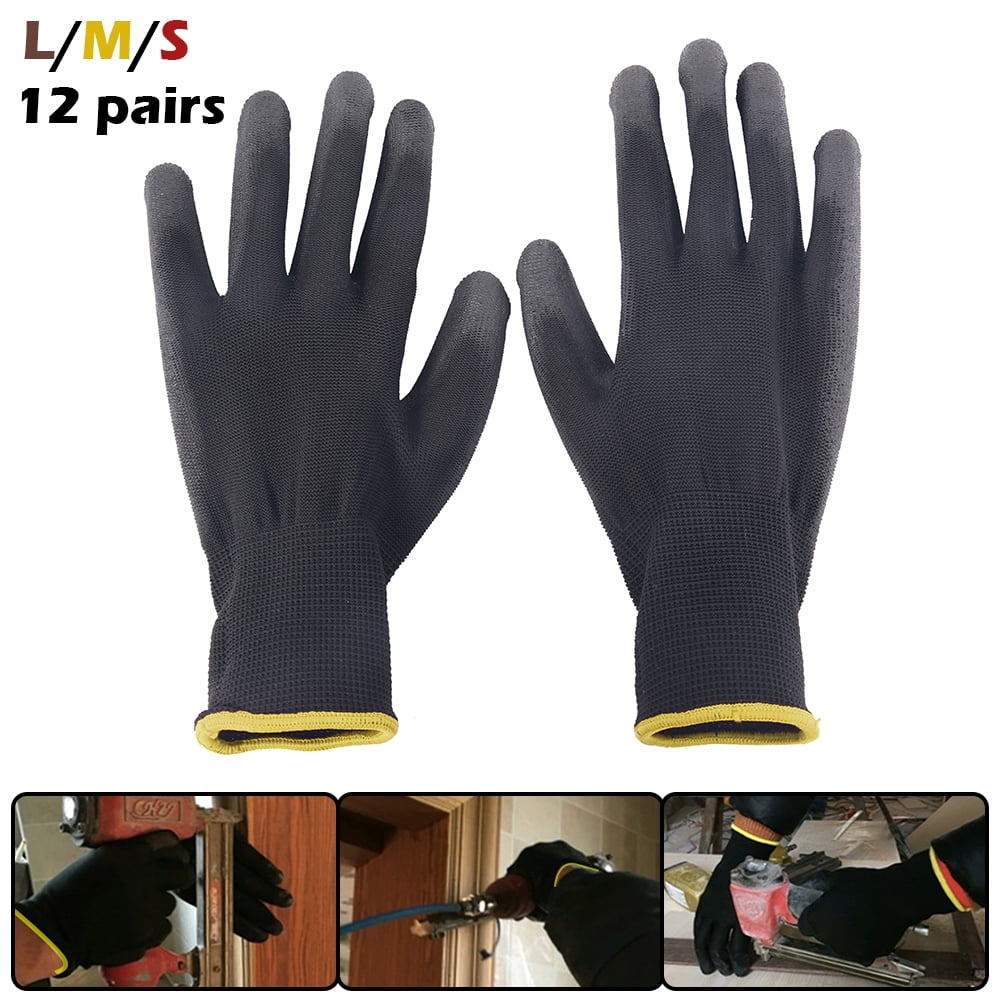 12 Pairs Nylon PU Palm Coated Gloves Anti Static Protective Safety For Gardening 