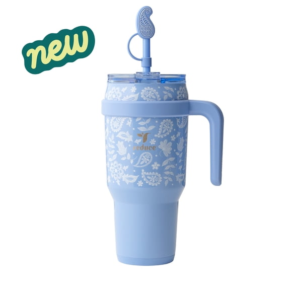 Reduce 40oz Cold1 Travel Mug with Straw and Straw Topper, Lid & Travel Handle, Insulated Stainless Steel, Embroidered Sky Blue