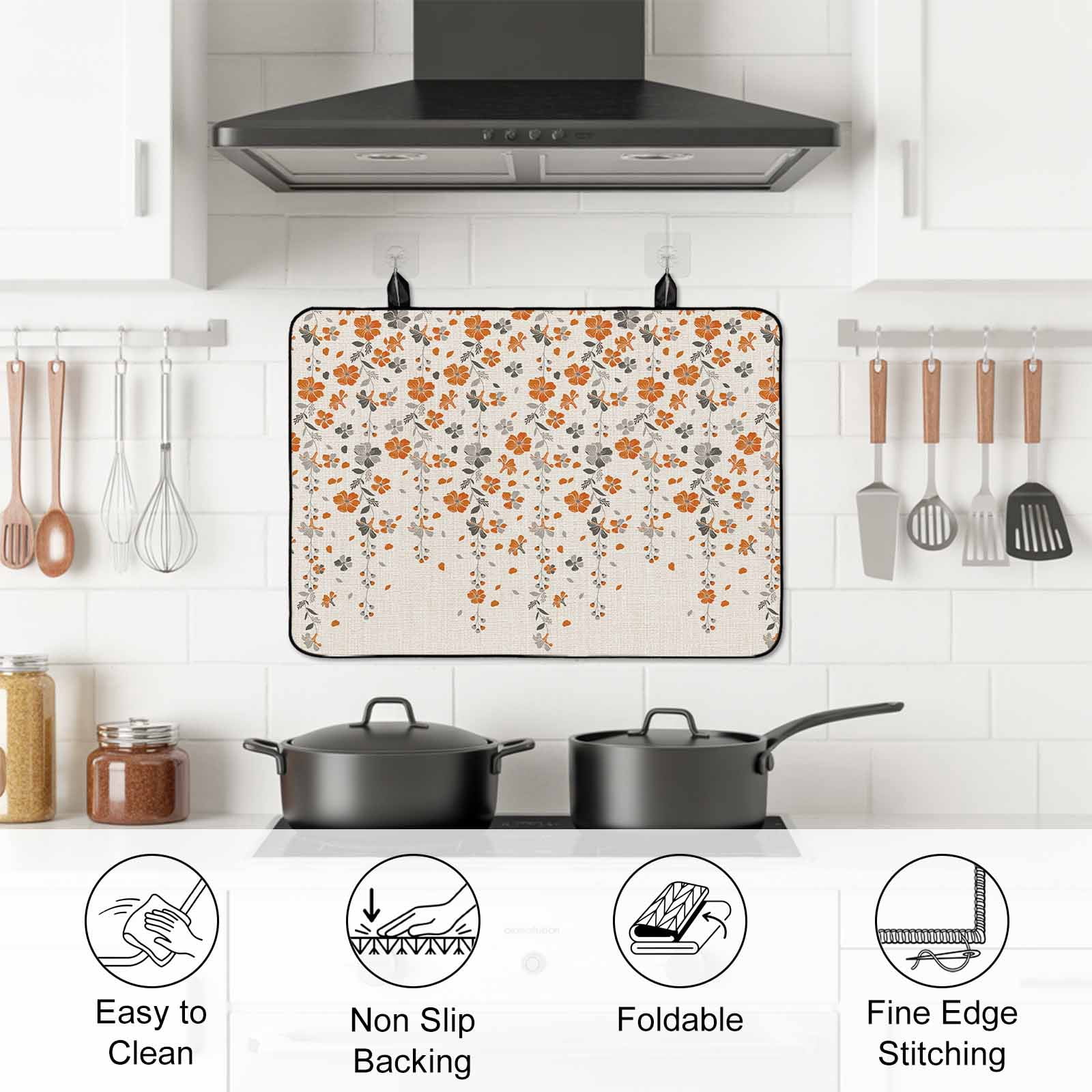 Weeping Flowers Stove Top Cover for Electric Stove,Heat-proof & Non Slip Glass Top Stove Cover Protector,Orange Grey Spring Floral Botanical Rustic Burlap Kitchen Flat Cooktop Rubber Mat 36x21 Inches