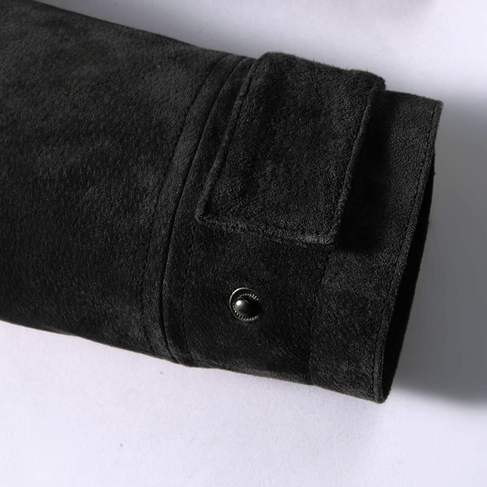 FLAVOR Men's Classic Leather Jacket Suede Winter Coat with Removable Collar (Large, Black)
