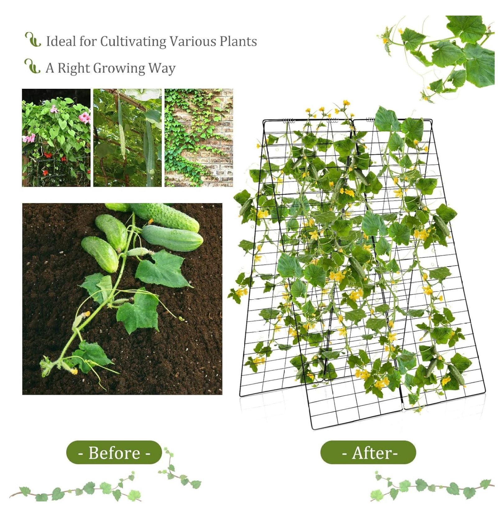 48 x 34 Inch Cucumber Trellis for Garden, 8 PCS Foldable A-Shape  Support W/18 Clips, 16 Ground Stakes, 8 Spiral Connectors, 12 Cable Tie, Twist Tie, Garden Trellis for Climbing