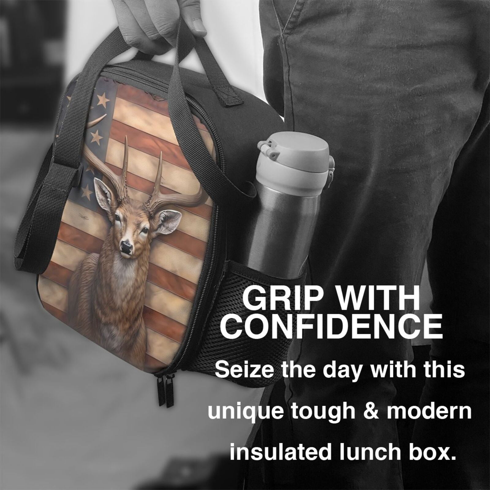 Defioc Deer American Flag Wall Print Lunch Box for Men & Women, Insulated Lunch Bag Thickened Thermal Leakproof Lunch Tote Bag for Adult Office Travel Picnic