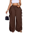thumbnail image 2 of Drawstring Cotton Linen Pants for Women, High Waist Wide Leg Harem Trousers with Pockets - Breathable Loose Fit Boho Palazzo Pants Coffee L, 2 of 5
