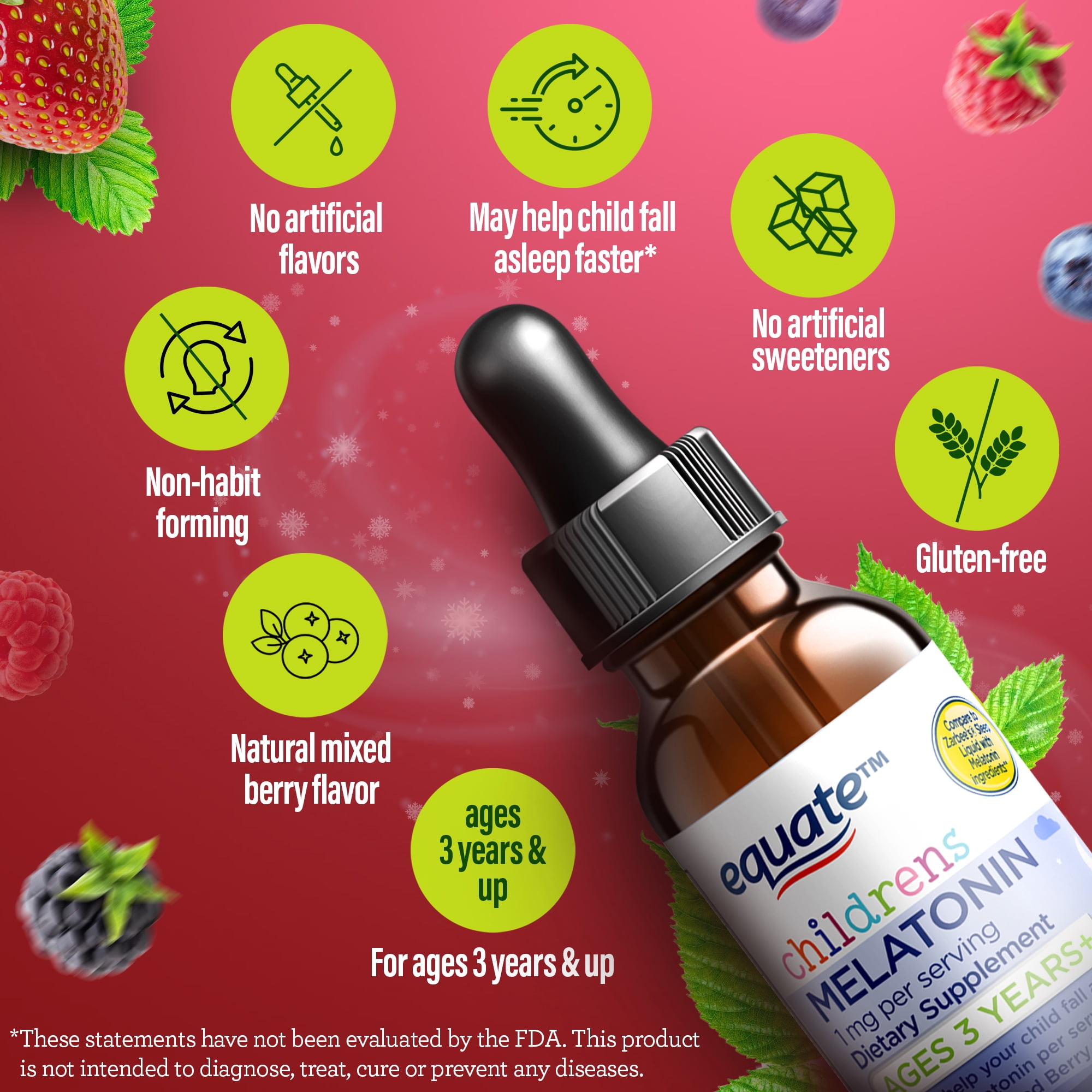 Equate Children's Melatonin Dietary Supplement Liquid for Sleep Support, Natural Mixed Berry Flavor, 1 mg, 1 fl oz