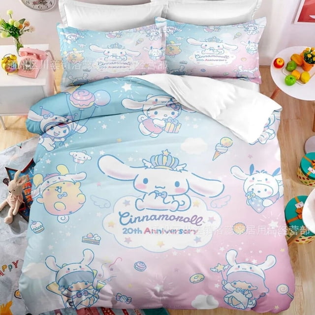 Juego de cama de dibujos animados de Anime Sanrio, edredón Kawaii Cinnamoroll, funda nórdica, funda de almohada, juego de cama para niños y niñas, Twin King Size