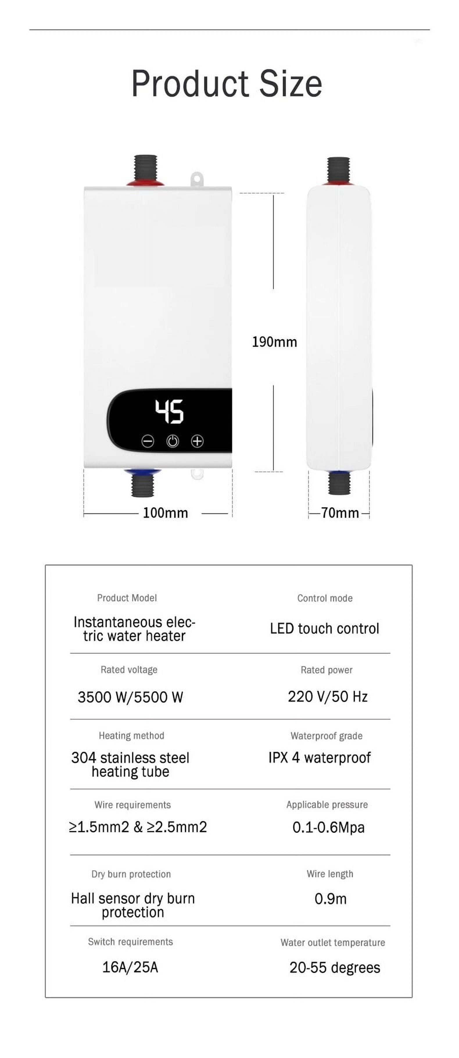 5.5kW Instant Electric Tankless Water Heater , Smart Water Heater Self-Modulating No Standby Losses, Household Shower Hot Water ,Compact Design