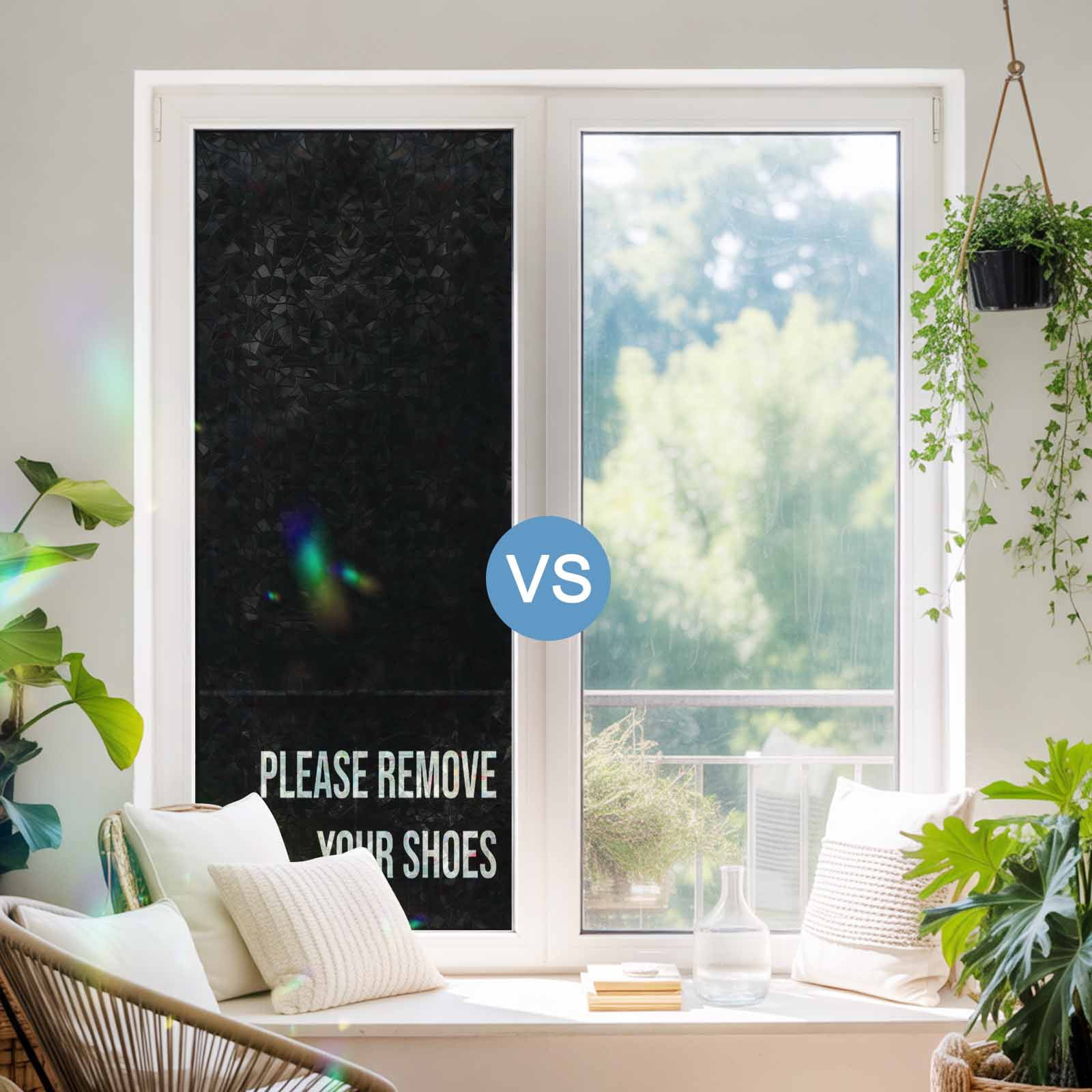 Black Window Privacy Film Stain Glass,Reusable Decorative Rainbow Window Film,Funny Letters Please Remove Your Shoes Non-Adhesive Static Cling Sun Blocking Stickers Decals Covers 23.6" x 78.7" (2pcs)
