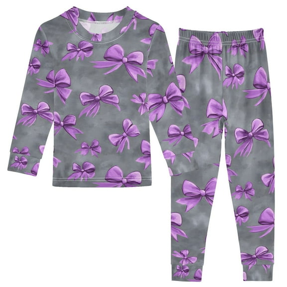 joogoo Bows on Grey 2 Piece Long Sleeve Tee and Pants Cotton Pajama Set 5Y