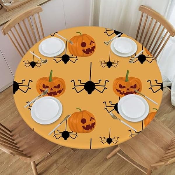 wonima02 Round Fitted Tablecloth Halloween Pumpkin Pattern Background Elastic Edged Waterproof Wipeable Table Cover for Kitchen Dining Holiday Party, Fit for Diameter 36.2"-40.1" Round Table, Style105