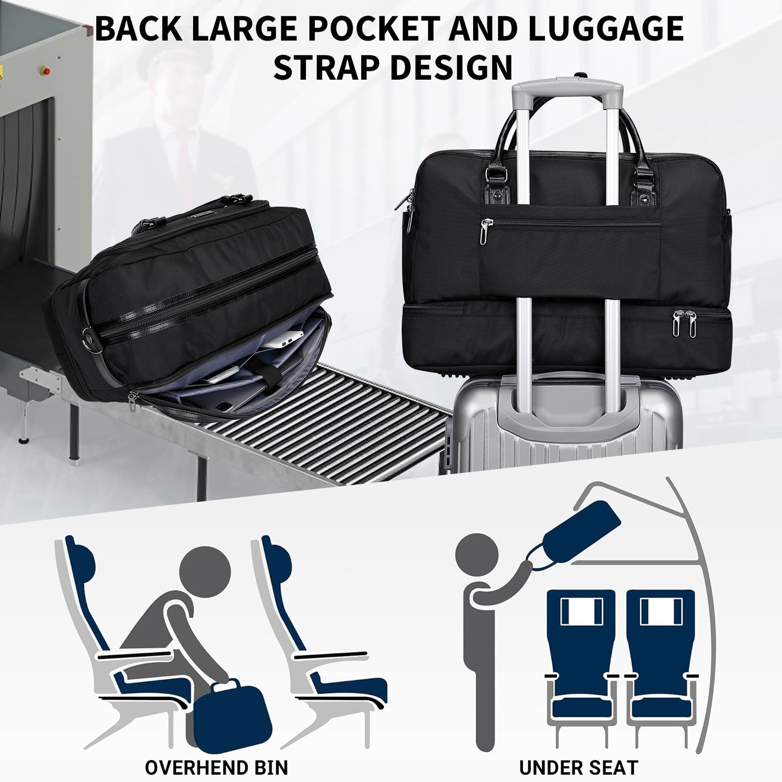 WITZMAN Weekender Bags for Men Women Carry on Duffle Overnight Bag with Toiletry Bag Sets Travel Duffel Bag Shoes Compartment（B694 Black）
