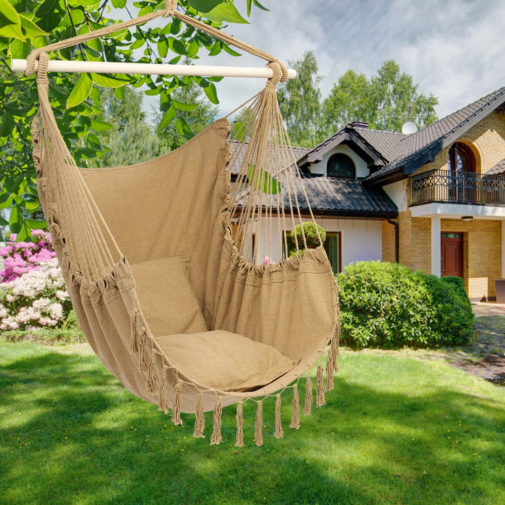 Cotton Weave Hanging Swing Chair 2 Soft Cushions Included Perfect for Home Hammock Chair Hanging Swing Patio Bedroom Garden Use Backyard Large Hammock Chair Swing Seat with Side Pocket Deck 