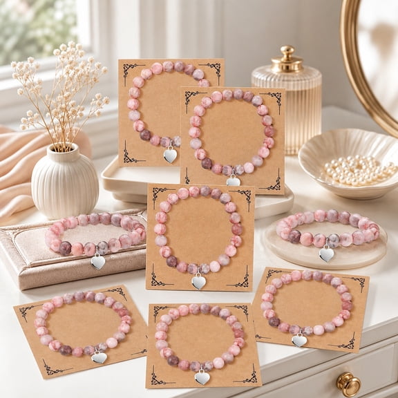 8 Sets Heart Beaded Bracelets Gift Bulk, Resin Pink Stone Bangle with Cards, Stretch Bracelets for Women, Cute Bead Jewelry for Mother’s Day Valentine Day Birthday Gifts