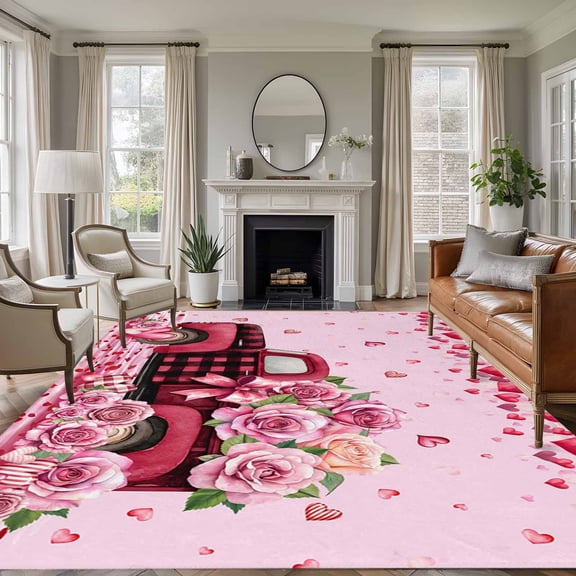 Large Area Rugs for Living Room Bedroom, Valentine's Day 5'x8' Rug Washable Carpet Runner Indoor Outdoor, Romantic Love Roses Truck Ombre Pink Non Slip Floor Mats Rug for Kitchen, Bathroom