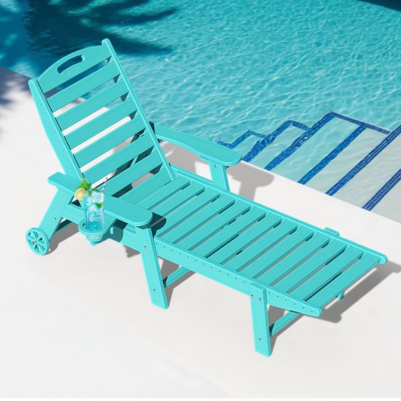 Wood Look HDPE Outdoor Chaise Lounge Chair, Rolling Pool Lounger, Aqua