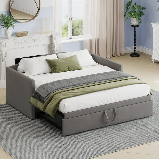 Noble House Twin Upholstered Daybed Frame,Extended Pop-Up Trundle,Gray