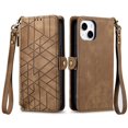 thumbnail image 5 of ELEHOLD for Apple iPhone 15 Flip Wallet Case, Shockproof Premium Vintage PU Leather Magnetic Geometric Handbag Zipper Pocket Card Holders Kickstand Wrist Strap iPhone 15 Cover 6.1",Brown, 5 of 14