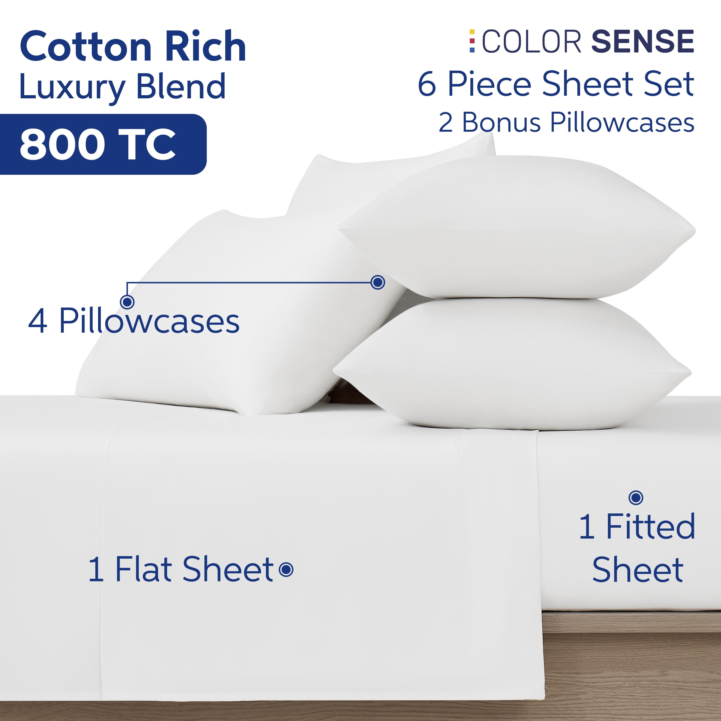 Color Sense 6-Piece 800 Thread Count White Cotton Rich Adult Bed Sheet Set, Queen - Deep Pocket