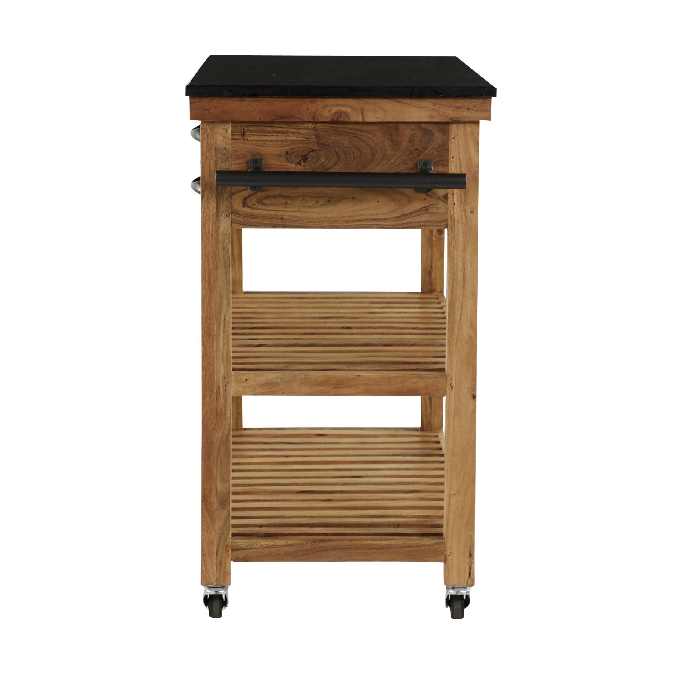 DecMode 46" x 36" Brown Wood Rolling 4 Drawer and 2 Shelf Kitchen Cart with Black Metal Handles and Marble Top, 1-Piece