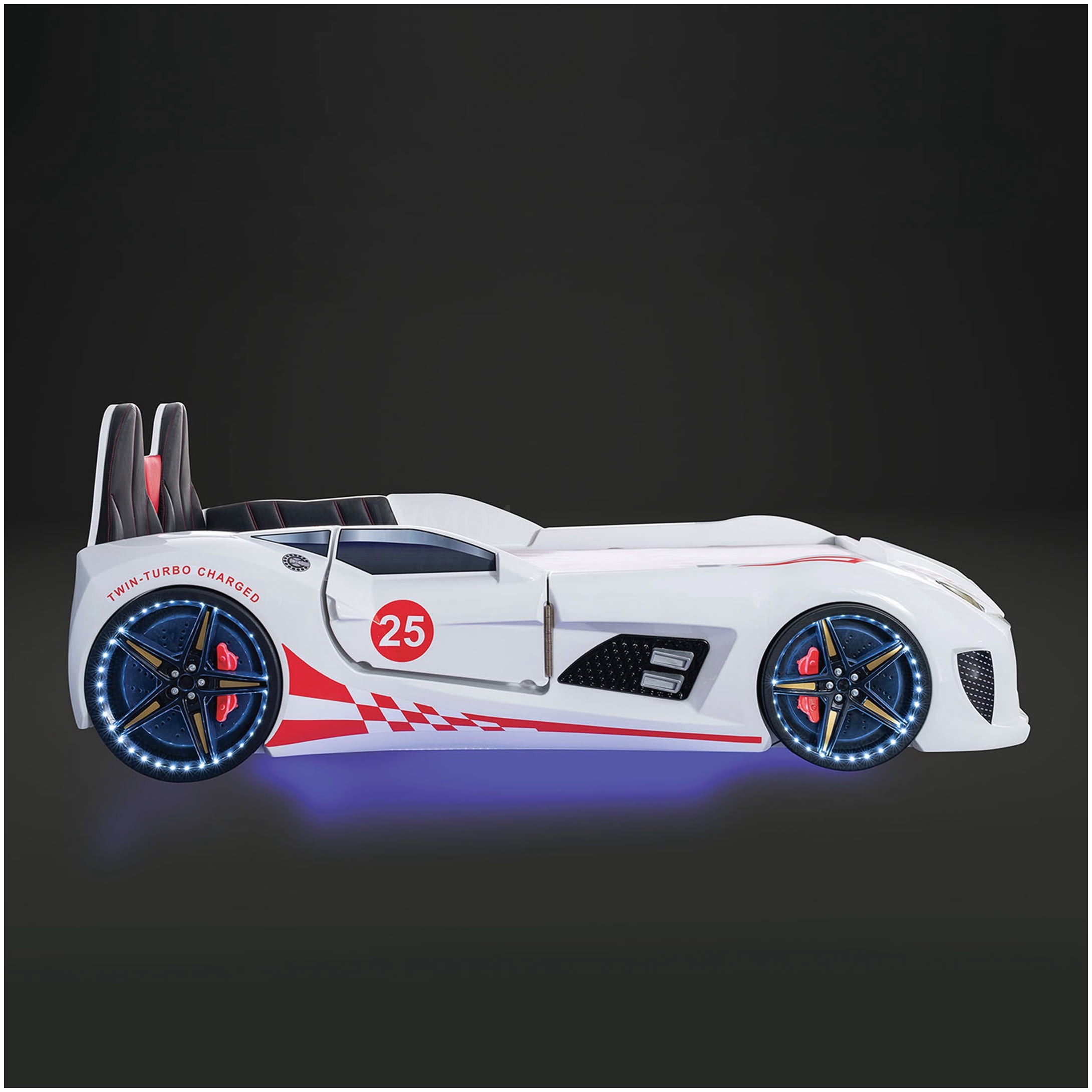 MANGIJOY Remote Controlled Twin Car Bed Frame with LED Underglow Lights and Music