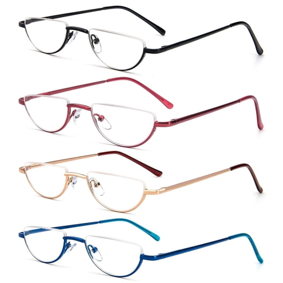 REAVEE 4 Pack Half Lens Reading Glasses for Women Retro Designer Alloy Spring Hinge Metal Frame Half Moon Readers with Pouch, Red Black Blue Gold 1.5