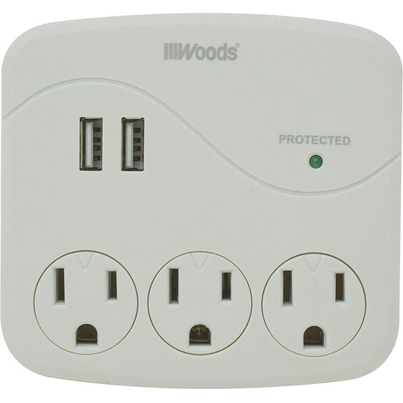 Woods 3 Outlet Surge Protector Wall Tap With USB Ports 41029 - 560 Joules - White