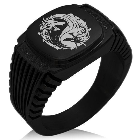 Stainless Steel Tribal Dragon Yin Yang CZ Ribbed Needle Stripe Pattern Biker Style Polished Ring