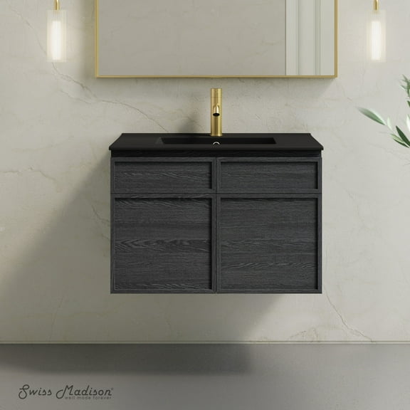 St. Tropez 30" Wall-Mounted Bathroom Vanity in Black Oak with Black Sink Top