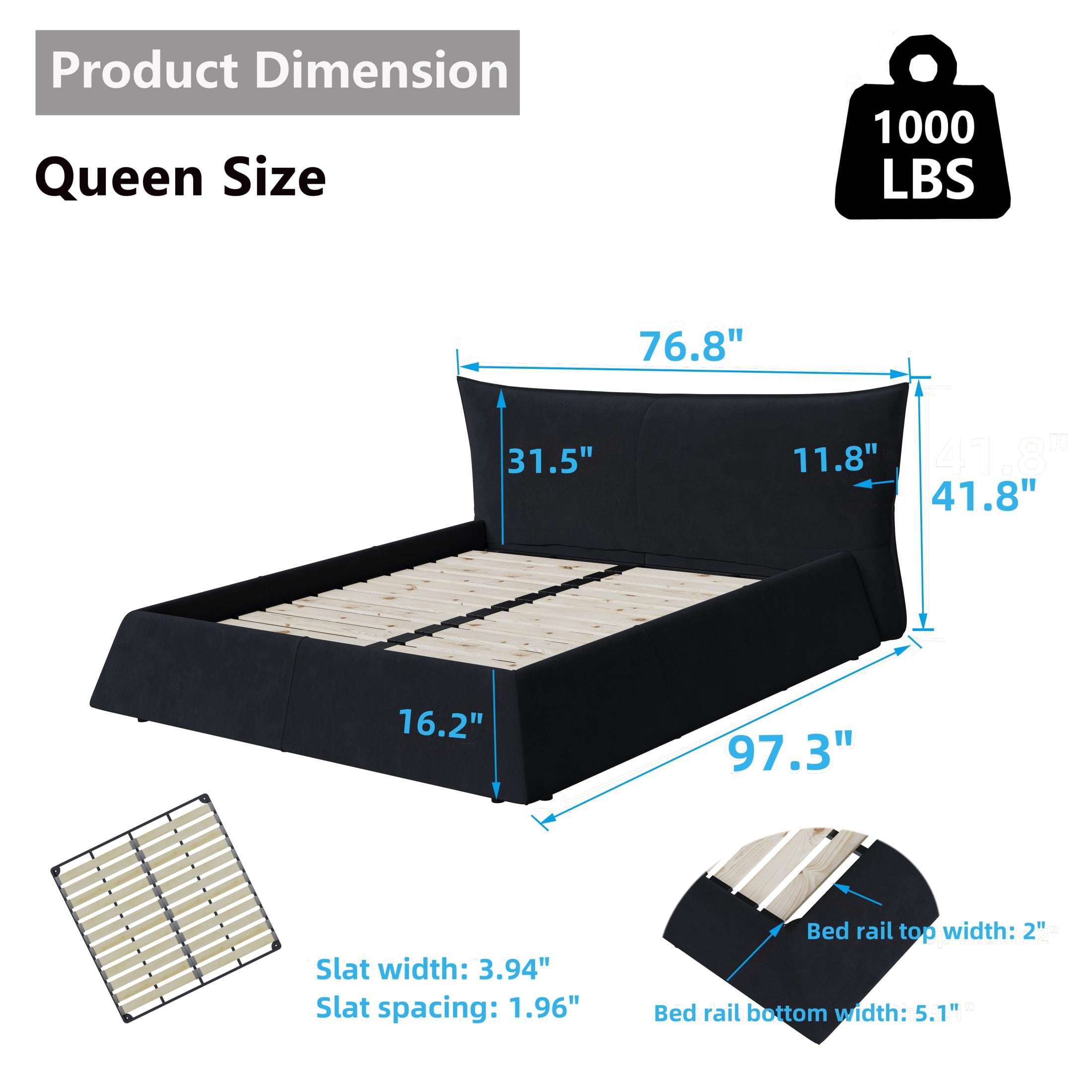 Noble House Sheila Queen Size Velvet Platform Bed Frame, Unique Shaped Headboard and Solid Wood Frame, Black