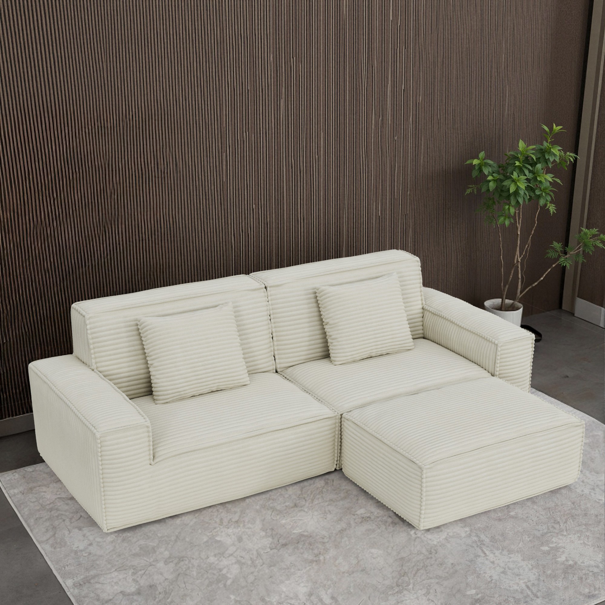 Gewnee Beige 106.3 Inch Compression Sofa - Full Sponge High Rebound,Straight Row with Foot Pedal,for Living Room & Bedroom.Beige