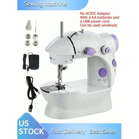 1 Pc Mini Portable Household Sewing Machine With Night Light, Foot Pedal, Desktop Small Electric Sewing Machine, With Bobbin Set, 4 AA Dry Batteries And USB Power Cord (Without Power Plug)