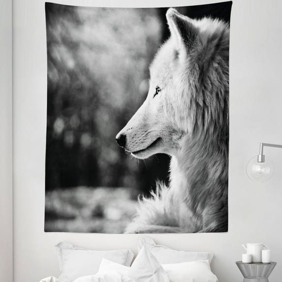 Black White Tapestry, Animal Profile Portrait in the Nature Wildlife Carnivore Greyscale Canine Photography, Fabric Wall Hanging Decor for Bedroom Living Room Dorm, 5 Sizes, Pale Grey, by Ambesonne