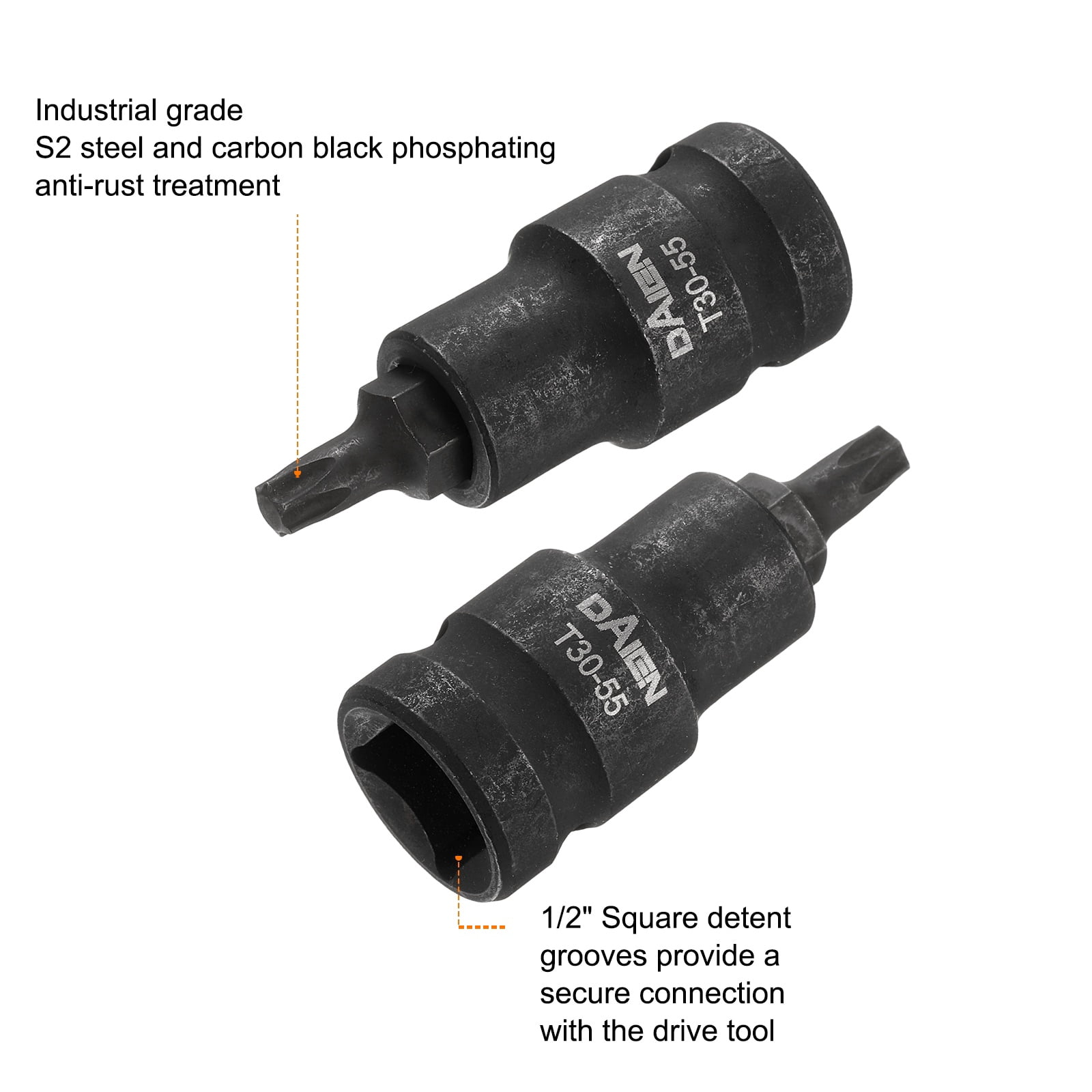 Uxcell 5pcs T30 Torx Bit Socket 55mm/2.17" Length 1/2" Square Drive Star 6 Point Extension Impact Bit Power Nut Driver Set S2 Steel Socket Ratchet Wrench Bits, Black