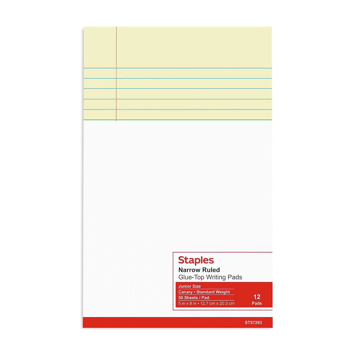 Staples Notepads 5" x 8" Narrow Ruled Canary 50 Sh./Pad 12 Pads/PK TR57293/18601