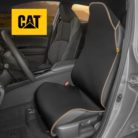 Caterpillar Waterproof Automotive Seat Cover for Cars Trucks and SUVs, 1 Piece Durable Neoprene Seat Protector for Front Seats, Black Car Seat Cover with Beige Trim