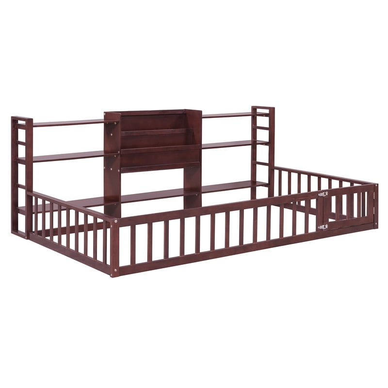 Twin Size Floor Bed with Integrated Bookcase and 3-Tier Storage Shelves, Low Profile Wood Toddler Bed Montessori Bed with Safety Guardrails for Boys Girls