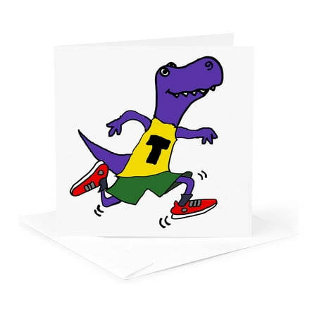 3dRose, Funny Cute T-rex Dinosaur Running or Jogging Cartoon, 1 Greeting Card with envelope