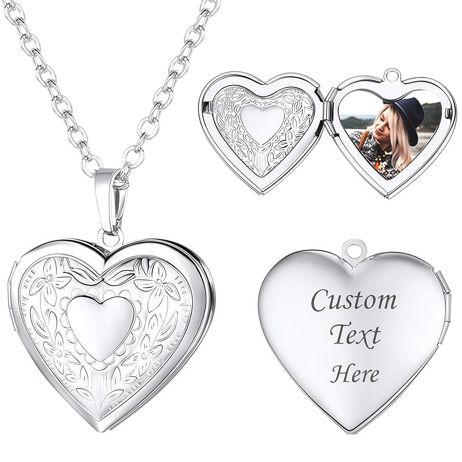 Custom Photo Engraved Heart Locket Necklace, Personalized Picture & Text Clavicle Chain, Gold Silver Couples Memorial Jewelry