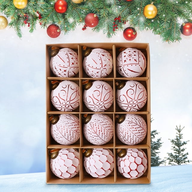 12PCS Christmas Ball Ornaments Set | Plastic Holiday Tree Decorations | Assorted Sizes and Styles | Easy Hang Strings | Multi-Purpose for Trees Wreaths Garlands Party Decor