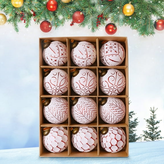 Zawou Christmas Ball Ornaments Set, 12psc 8cm Hand-Printed Christmas Balls Shatterproof Assorted Hanging Ornaments, Elegant Glass Christmas Decorations for Christmas Tree Party Decoration