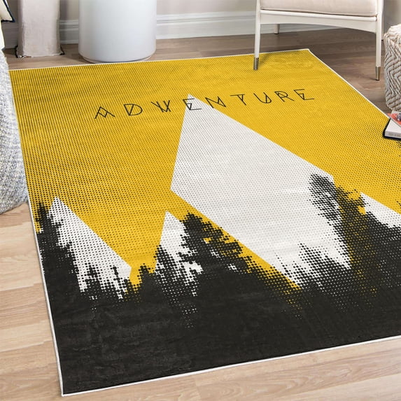 Adventure Decorative Rug, Forest Halftone Effect Hipster Typography Camping in Mountains, Quality Carpet for Bedroom Dorm and Living Room, 6 Sizes, Earth Yellow, by Ambesonne