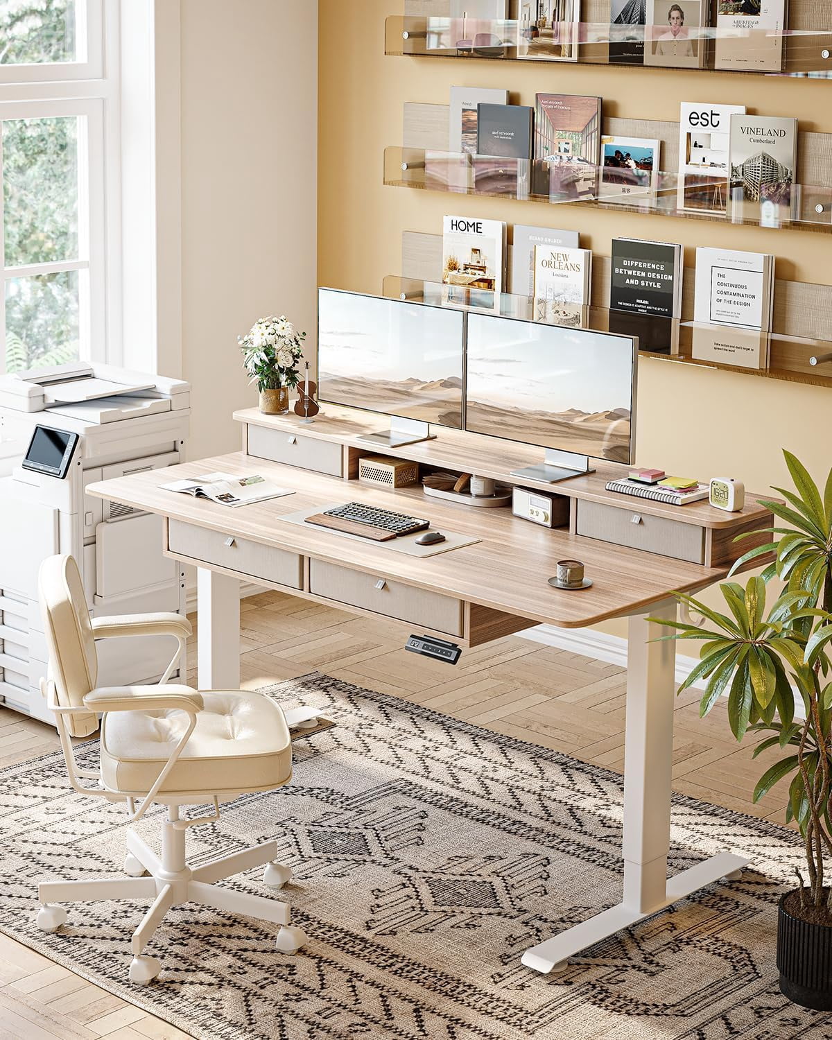 DESINO 55 x 30 Inch Height Adjustable Electric Standing Desk with Drawers, Stand Up Table with Large Storage Shelf, Sit Stand Desk for Home Office, Light Rustic Brown