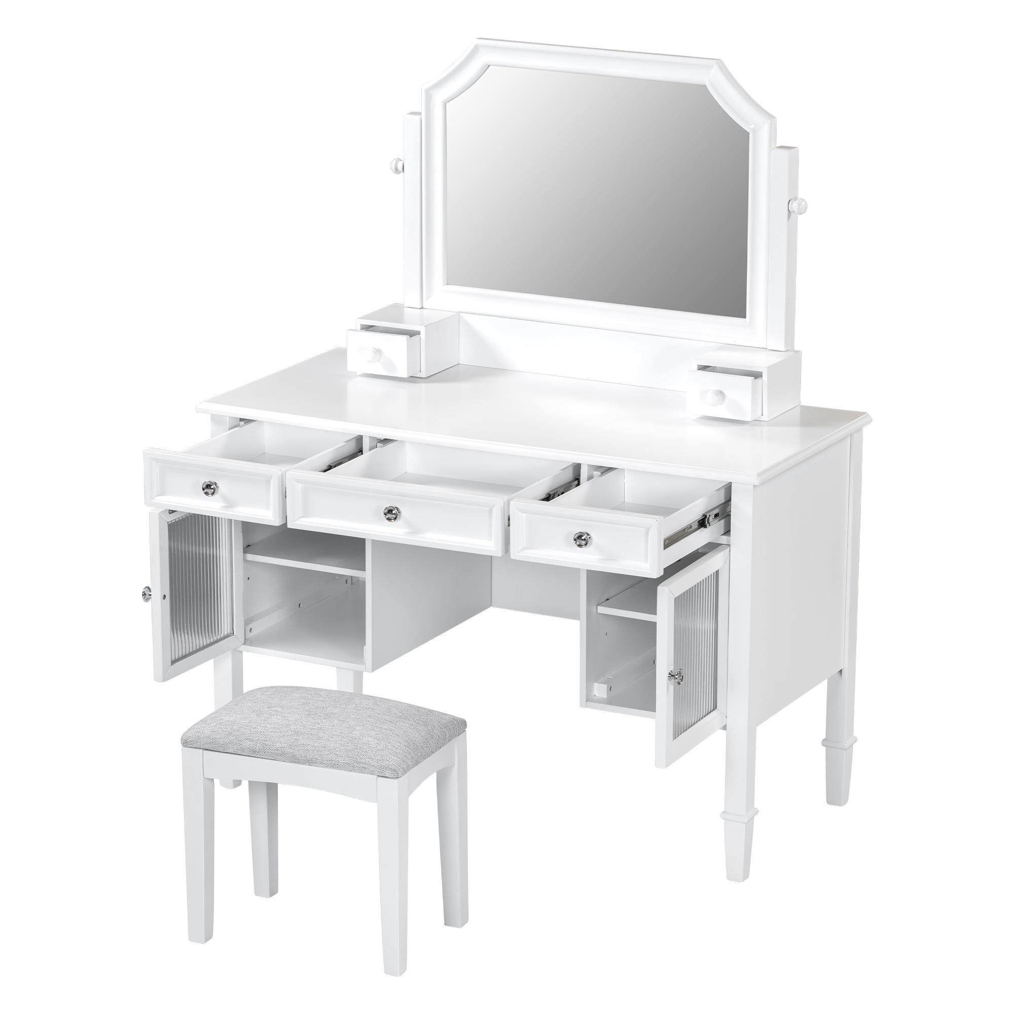 MODERNLUXE Makeup Vanity Desk with Mirror,Dressing Table Set with 5 Drawers, 2 Cabinets and Stool,Space-Saving Beauty Station for Bedroom,White