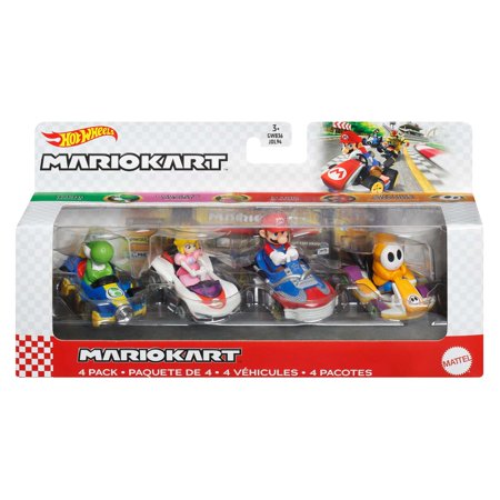 Hot Wheels Mario Kart Vehicle 4-Pack, Set of 4 Fan-Favorite Characters Includes 1 Exclusive Model, Collectible Gift for Kids & Fans Ages 3 Years Old & Up