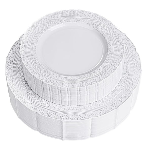 Nervure 60pcs White Plastic Plates - AFN1Heavyweight Vintage Disposable Plastic Plates for 30 Guests Include 30pcs 10.25” Dinner Plate,30pcs 7.5” Dessert Plate Perfect for Wedding & Party