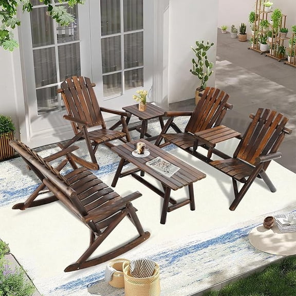 EPICOZY 5-Piece Outdoor Wood Log Rocking Conversation Set, Patio Adirondack Furniture Set Including 2-Seater Loveseat, Garden Bench & Built-in Table, 2 Coffee Table, Log Rocker Chair, Carbonized